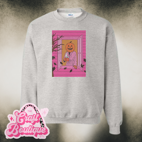 Vintage Wash Pumpkin Head Pink House Printed Sweatshirt - Heather Ash Gray