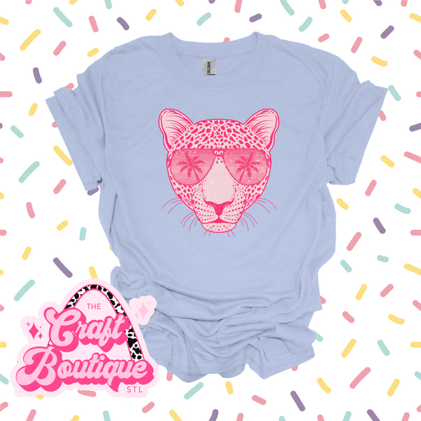 Pink Tropical Leopard Printed Tee - Light Blue