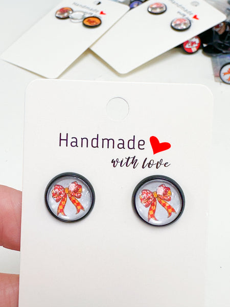 Red/Yellow Checker/Leopard Bow Stud Earrings