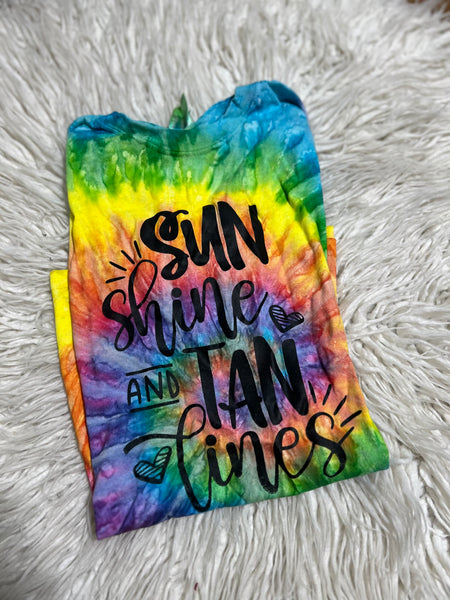S sunshine and tan lines tshirt - rainbow tie dye