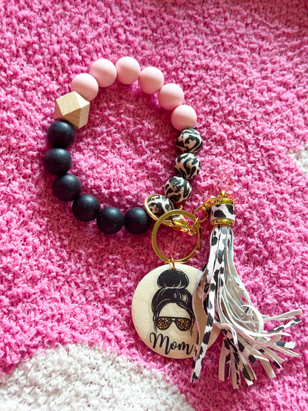 Light Pink & Leopard Mom Silicone Bead Wristlet