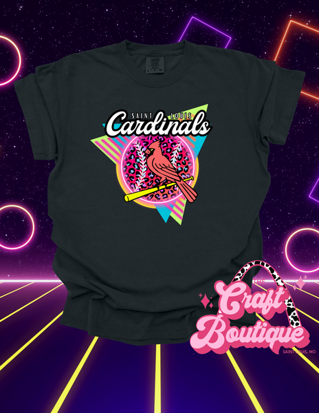 80s/90s Neon Glow Party St. Louis Baseball Printed Tee - Comfort Colors Black