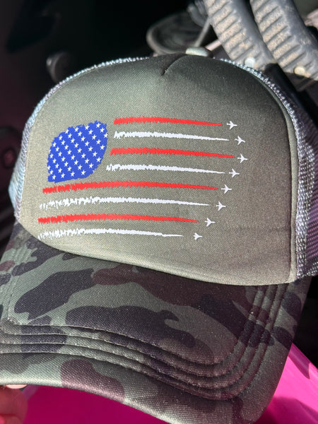 Army Green & Camo Trucker Hat - Plane Jet American Flag