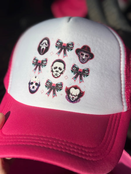 Pink & White Trucker Hat - Horror Bows Neon Glow