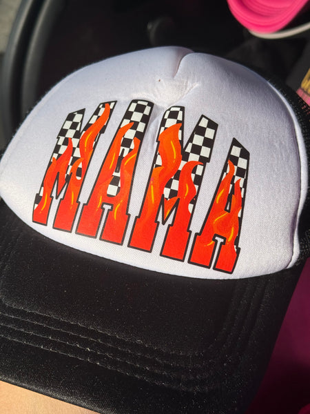 Black & White Trucker Hat - MAMA Red Flame Checker