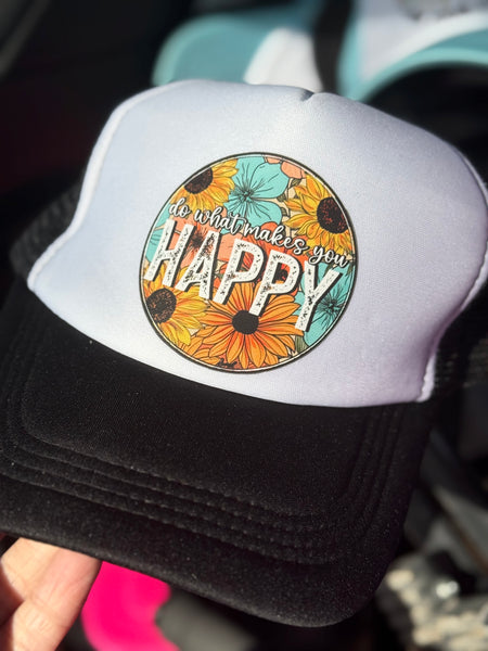 Black & White Trucker Hat - Do What Makes You Happy Sunflower
