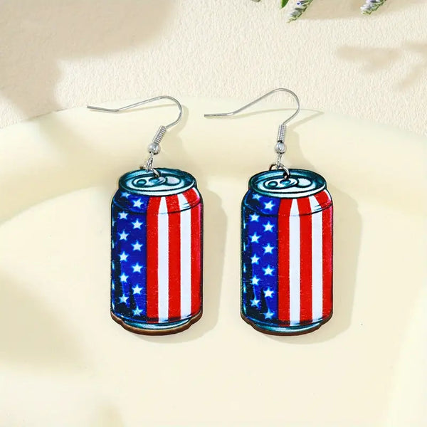 Wooden USA Beer Can Dangle Earring