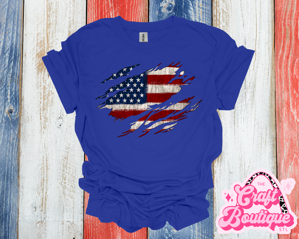 Ripped Chest American Flag Printed Tee - Royal Blue